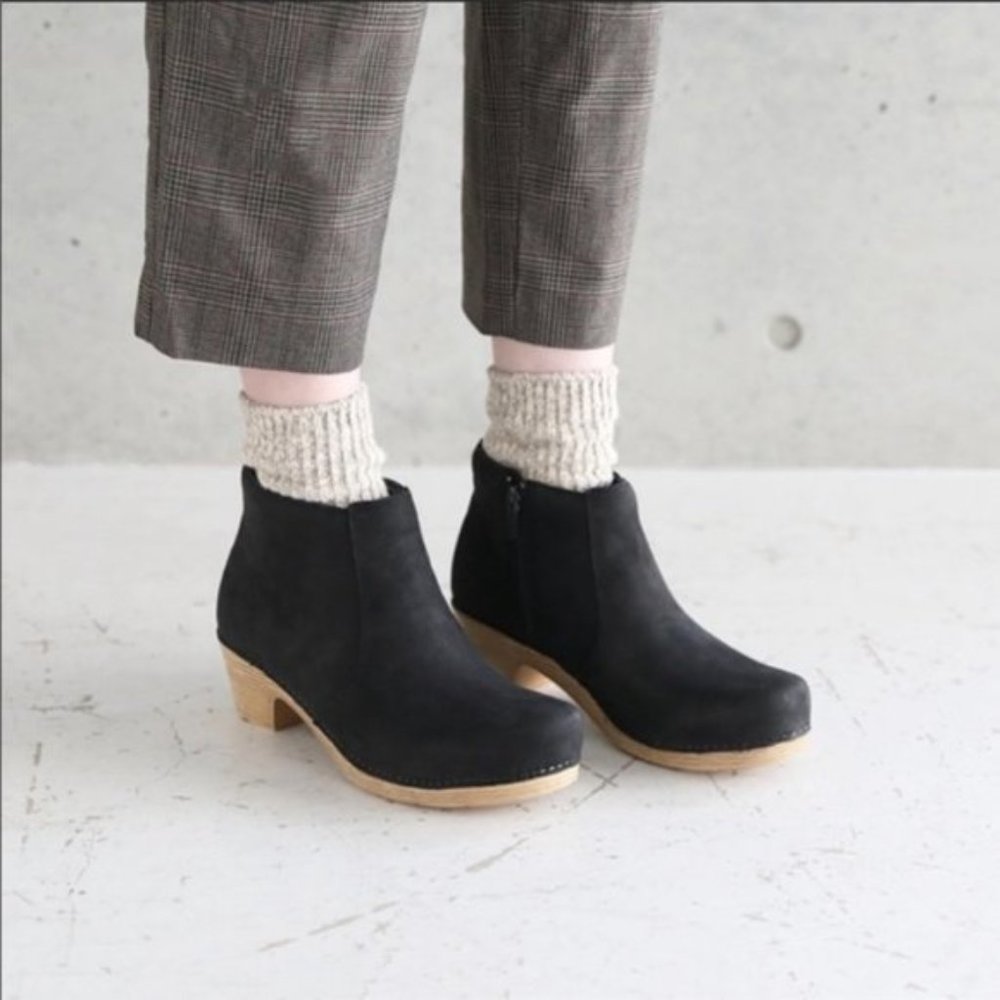 Dansko Black Suede Ankle Clogs with Natural Wood Heel